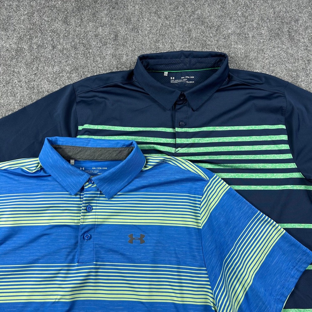 Under Armour Polo Shirt Mens 2XL Blue Navy Striped HeatGear Golf Lot of 2 Bundle